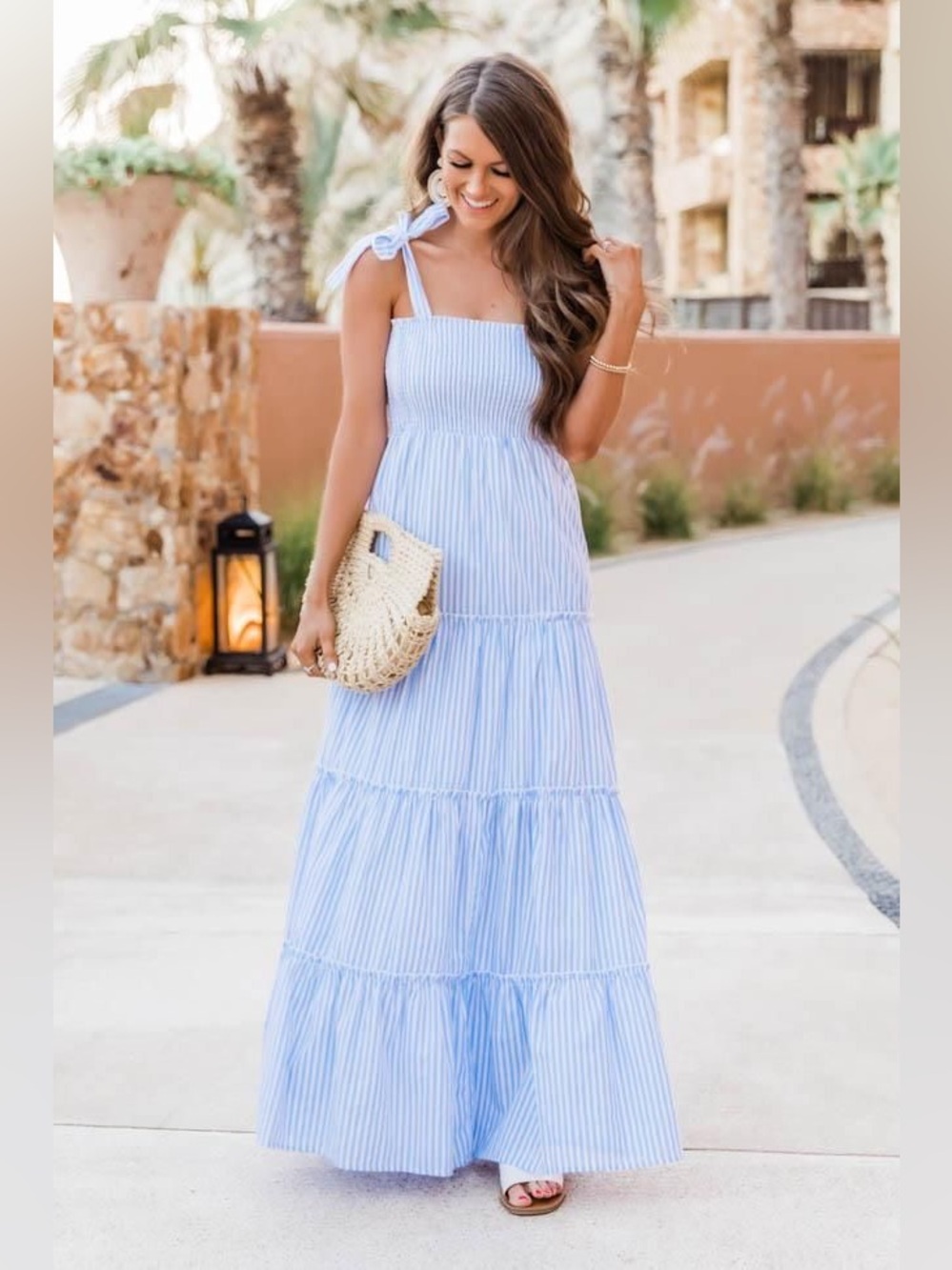 Pink Lily Light Blue & White Striped Tie-Shoulder Tiered Maxi Dress